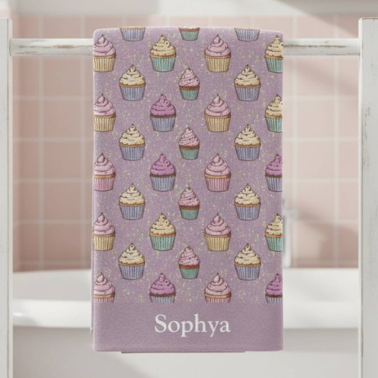 Persoonlijke Paarse Glitter Cupcake Badhanddoek