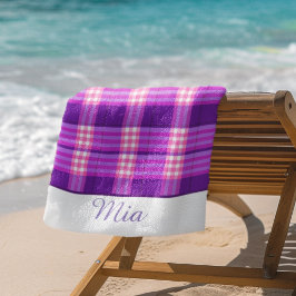 Persoonlijke Paarse Roze Geruite Strandhanddoek Strandlaken