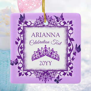 Persoonlijke paarse tiara & vlinders aandenken keramisch ornament