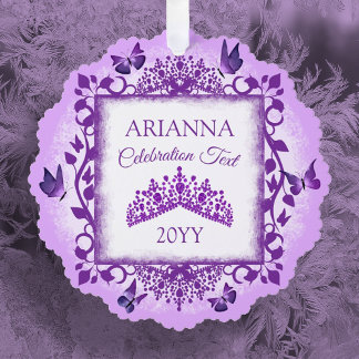 Persoonlijke paarse tiara & vlinders ornament kaart