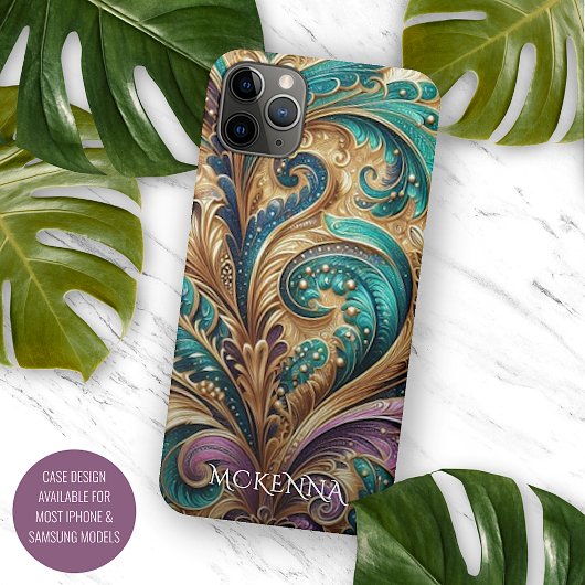 Persoonlijke Paarse Turquoise Groene Gouden Paisle Case-Mate iPhone Case