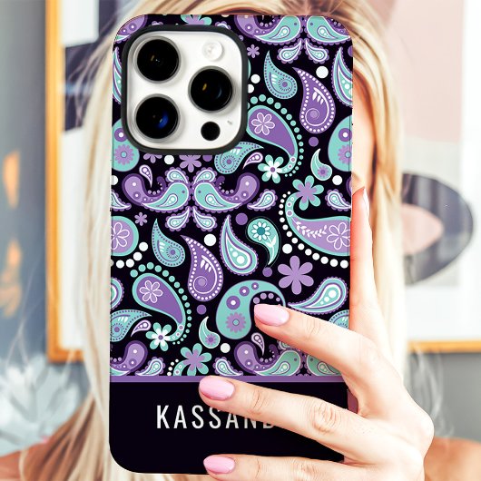 Persoonlijke Paarse Turquoise Paisley Naam Case-Mate iPhone Case