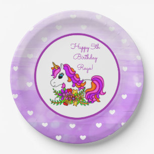 Persoonlijke Paarse Unicorn Happy Birthday Papieren Bordje