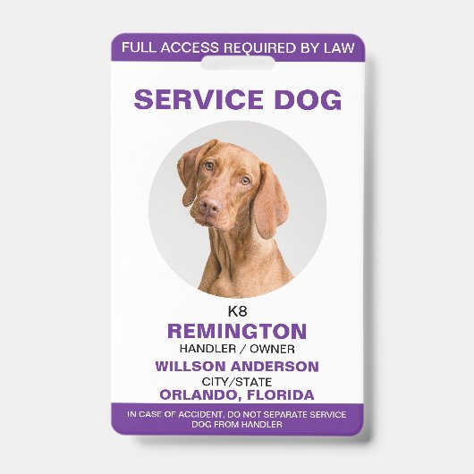 Persoonlijke paarse witte servicehond foto ID Badge (Voorzijde)