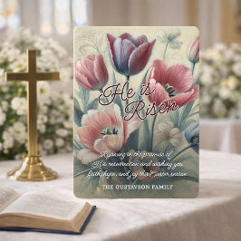 Persoonlijke Paaskaart He Is Risen met tulpen Feestdagenkaart
