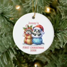 Persoonlijke Panda Beer en Egel Jongste Kerstmis Keramisch Ornament