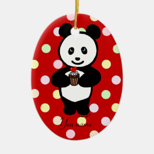 Persoonlijke Panda-Cartoon en Polka Dots Keramisch Ornament