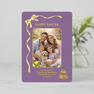 Persoonlijke Pasen Familie Foto Gouden Lint Boog Folie Feestdagenkaart