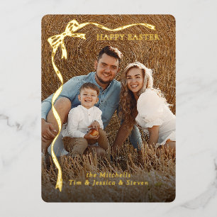 Persoonlijke Pasen Familie Foto Gouden Lint Boog Folie Feestdagenkaart