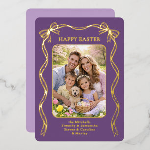 Persoonlijke Pasen Familie Foto Gouden Lint Boog Folie Feestdagenkaart