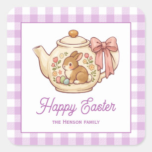 Persoonlijke Pasen Konijn Theekan Gingham Familie Vierkante Sticker