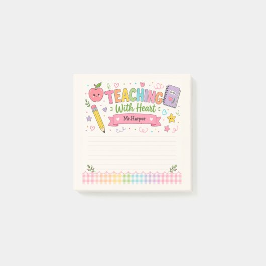 Persoonlijke Pastel Gingham Lesgeven Met Hart  Post-it® Notes (Voorkant)