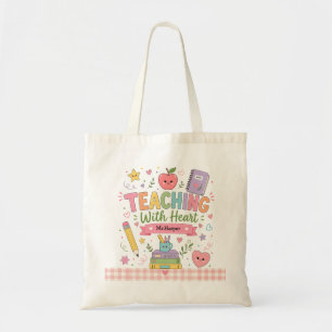 Persoonlijke Pastel Gingham Lesgeven Met Hart Tote Bag