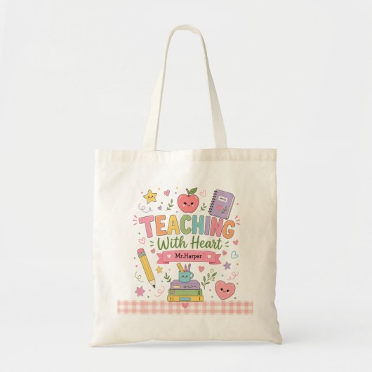 Persoonlijke Pastel Gingham Lesgeven Met Hart Tote Bag (Voorkant)