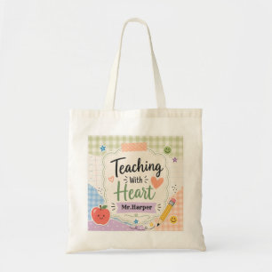 Persoonlijke Pastel Gingham Lesgeven Met Hart Tote Bag