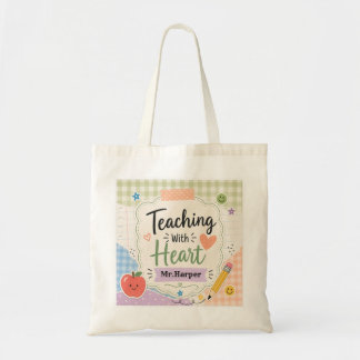 Persoonlijke Pastel Gingham Lesgeven Met Hart Tote Bag