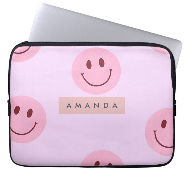 Persoonlijke pastel lavendel & roze smiley face laptop sleeve (Voorkant)