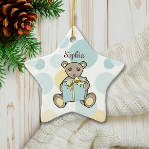 Persoonlijke pastelblauwe en gele teddybeer keramisch ornament