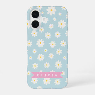 Persoonlijke Pastelblauwe Madeliefjes Coquette Mei iPhone 16 Hoesje