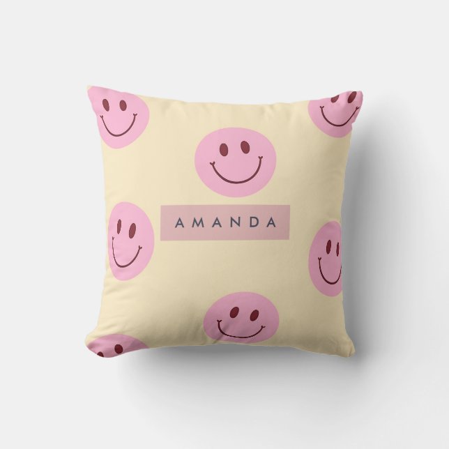 Persoonlijke pastelgele en roze smiley face kussen (Voorkant)