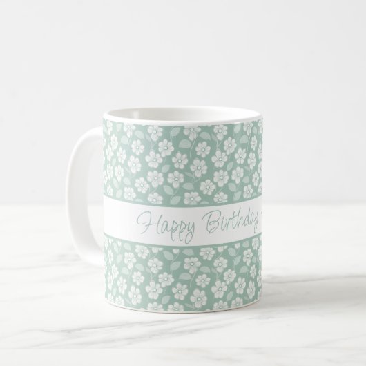 Persoonlijke pastelgroene mint witte boho bloemen koffiemok (Voorkant links)