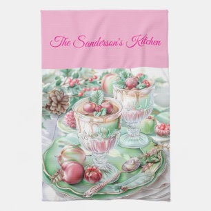 Persoonlijke pastelroze en groene kerstkeuken theedoek