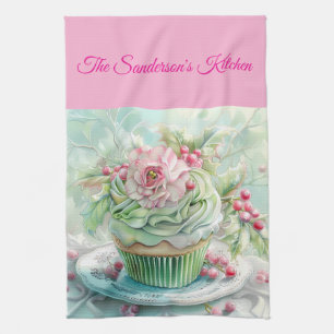 Persoonlijke pastelroze en groene kerstkeuken theedoek