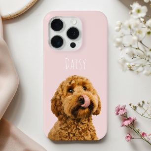 Persoonlijke pastelroze telefoonhoes met hondenfot iPhone 15 pro case