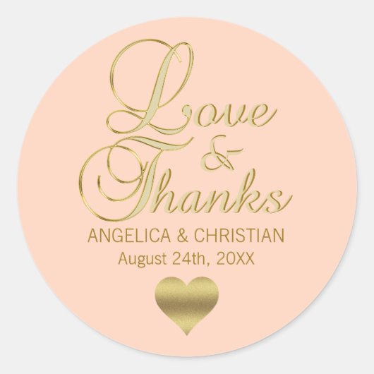 Persoonlijke PEACH Gold LOVE en BEDANKT Weddenscha Ronde Sticker (Voorkant)