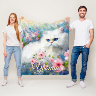 Persoonlijke Perzische Kat Blauwe Ogen in Roze Blo Fleece Deken