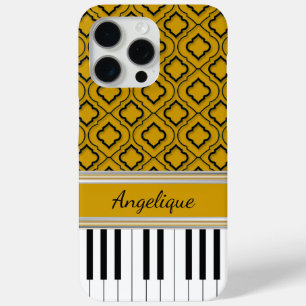 Persoonlijke Piano Keys Black Quatrefoil op Gold iPhone 15 Pro Max Hoesje