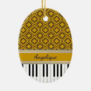 Persoonlijke Piano Keys Black Quatrefoil op Gold Keramisch Ornament