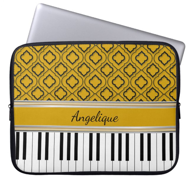 Persoonlijke Piano Keys Black Quatrefoil op Gold Laptop Sleeve (Voorkant)