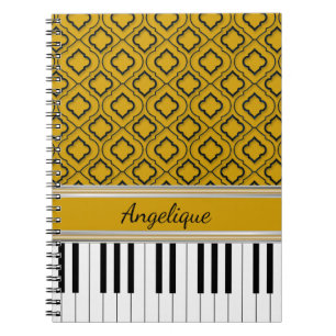 Persoonlijke Piano Keys Black Quatrefoil op Gold Notitieboek