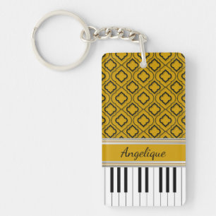 Persoonlijke Piano Keys Black Quatrefoil op Gold Sleutelhanger