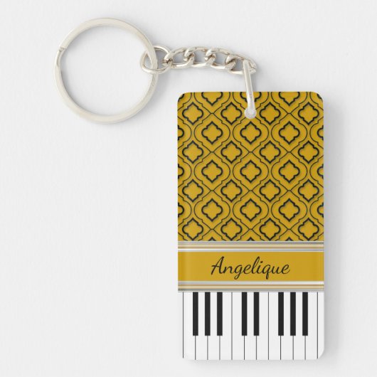 Persoonlijke Piano Keys Black Quatrefoil op Gold Sleutelhanger (Voorkant)