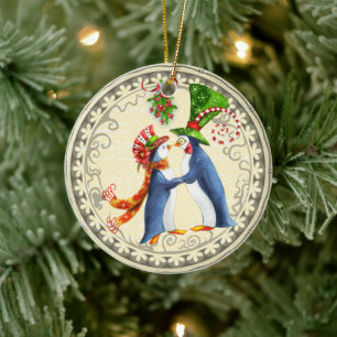 Persoonlijke pinguïn Couple Mistletoe Kerstmis Keramisch Ornament