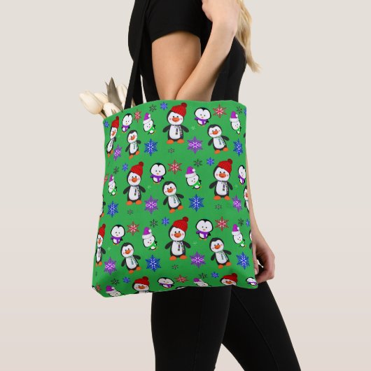 Persoonlijke pinguïns en snowflakes kerst tote bag (Dichtbij)