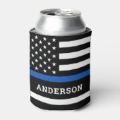 Persoonlijke politieagent in blauwe lijn blikjeskoeler (Blikje Voorkant)