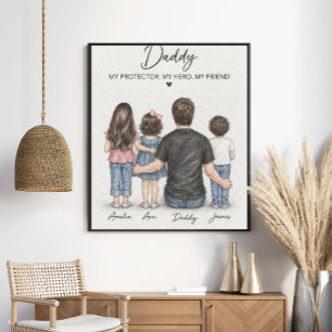 Persoonlijke potloodkunst van vader en kinderen poster