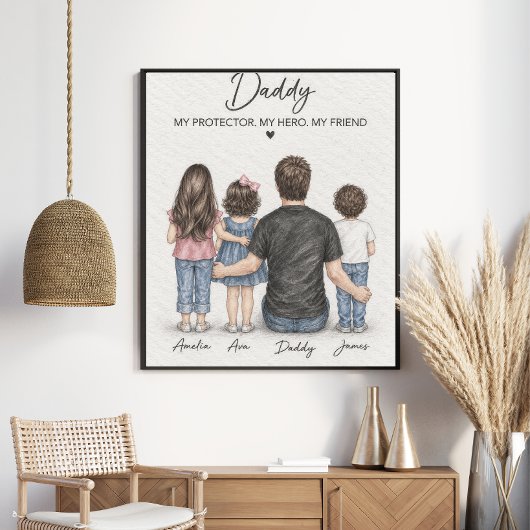 Persoonlijke potloodkunst van vader en kinderen poster