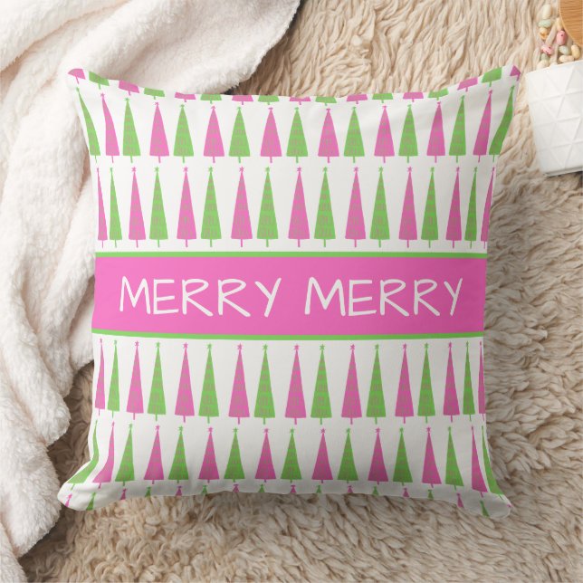Persoonlijke Preppy Roze en Groene Kerstbomen Kussen (Deken)