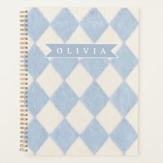 Persoonlijke Preppy Zachte Blauwe Fluwelen Argyle Planner (Voorkant)
