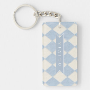 Persoonlijke Preppy Zachte Blauwe Fluwelen Argyle Sleutelhanger