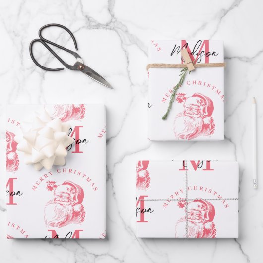 Persoonlijke Prettig Kerstmis Roze Kerstman Monogr Inpakpapier Vel (Voorkant)