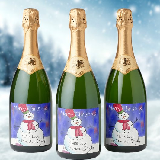 Persoonlijke Prettig Kerstmis Sneeuwman Sparkling Wijnetiket