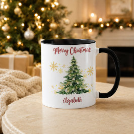 Persoonlijke Prettig Kerstmis Watercolor Boom Naam Mok