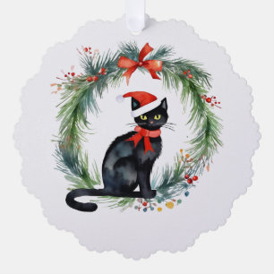Persoonlijke Prettig Kerstmis Zwarte Kat en Krans Ornament Kaart