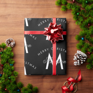Persoonlijke Prettig Kerstmis Zwarte Monogram Cadeaupapier