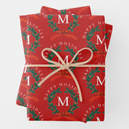 Persoonlijke prettige feestdagen rode monogram kra inpakpapier vel